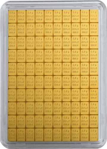 Vorderseite Goldbarren Combibar Goldtafel 100x0,5 Gramm in durchsichtiger Plastikkapsel, der Hersteller Valcambi