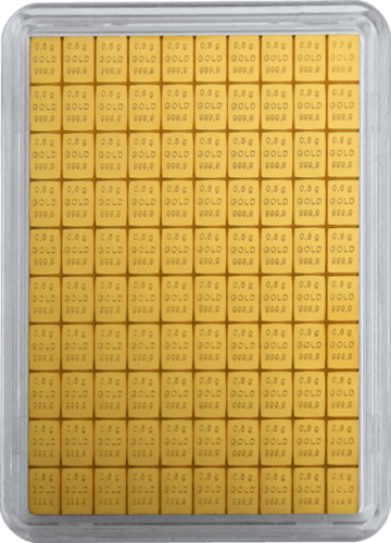 Vorderseite Goldbarren Combibar Goldtafel 100x0,5 Gramm in durchsichtiger Plastikkapsel, der Hersteller Valcambi