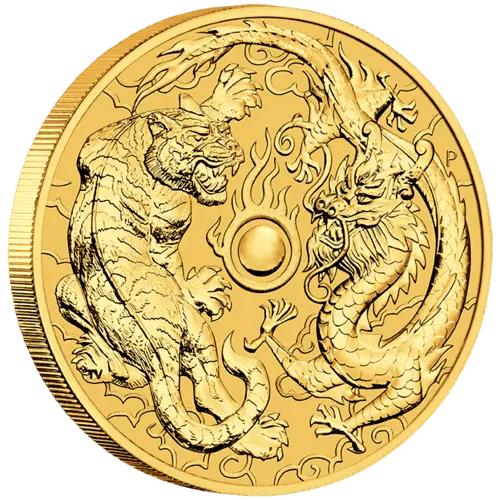 Seitenansicht Vorderseite Goldmünze 1 Unze Australien Dragon & Tiger 2019, der Hersteller Perth Mint Australia