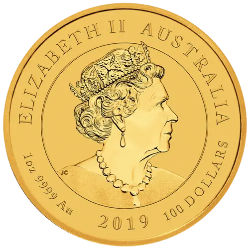 Rückseite Goldmünze 1 Unze Australien Dragon & Tiger 2019, der Hersteller Perth Mint Australia
