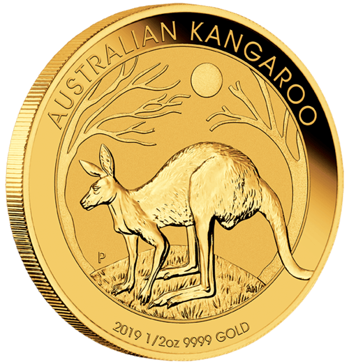 Seitenansicht Goldmünze Australian Känguru 2019, der Hersteller Perth Mint Australia