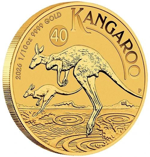1/10 Unze Gold Australien Känguru 2026 Motivseite und Rand 1/10 Unze Gold Australien Känguru 2026 Motivseite und Rand