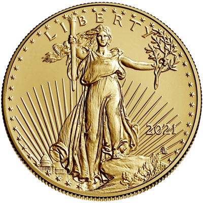 Vorderseite Goldmünze 1/10 Unze American Eagle 2021 Typ 2, der Hersteller United States Mint
