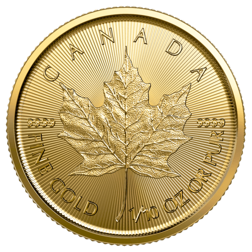Vorderseite Goldmünze 1/10 Unze Maple Leaf 2023, der Hersteller Royal Canadian Mint	