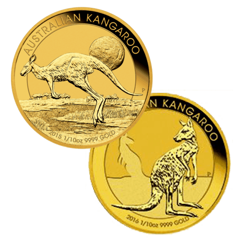 Vorderseite 2 unterschiedliche Goldmünzen 1/10 Unze Australien Känguru diverse Jahrgänge, der Hersteller Perth Mint Australia