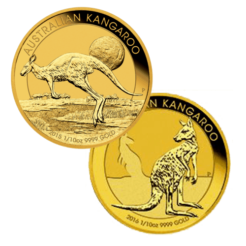 Vorderseite 2 unterschiedliche Goldmünzen 1/10 Unze Australien Känguru diverse Jahrgänge, der Hersteller Perth Mint Australia