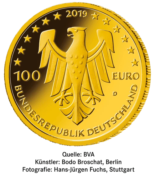 Rückseite Goldmünze 1/2 Unze 100 Euro Deutschland 2019 UNESCO Welterbe - Dom zu Speyer, der Hersteller Div. dt. Prägeanstalten
