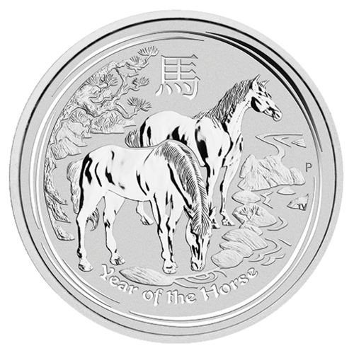 Vorderseite der 5 Unzen Silber Lunar II Pferd 2014 von Hersteller Perth Mint