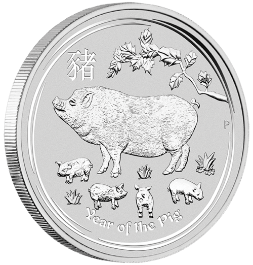 Vorderseite und Rand der 1 Unze Silber Lunar II Schwein 2019 von Hersteller Perth Mint