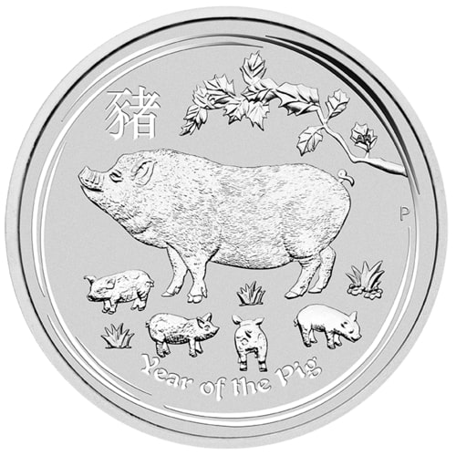 Vorderseite der 5 Unzen Silber Lunar II Schwein 2019 von Hersteller Perth Mint 