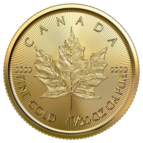 Vorderseite Goldmünze 1/20 Unze Gold Maple Leaf 2023, der Hersteller Royal Canadian Mint