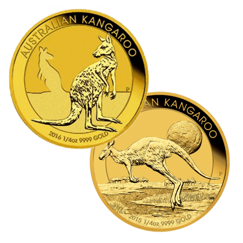 Vorderseite unterschiedlicher Goldmünzen 1/4 Unze Australien Känguru diverse Jahrgänge, der Hersteller Perth Mint Australia