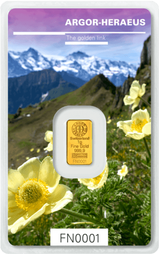 Vorderseite Goldbarren Following Nature Limited Edition Spring 2019 1 Gramm, der Hersteller Argor-Heraeus