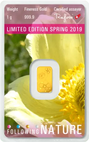 Rückseite Goldbarren Following Nature Limited Edition Spring 2019 1 Gramm, der Hersteller Argor-Heraeus