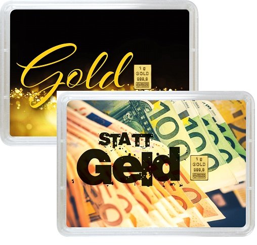 Vorderseite 2 Geschenkgoldbarren Gold statt Geld 1 Gramm in spezieller Blisterkarte mit Zertifikat, der Hersteller Valcambi