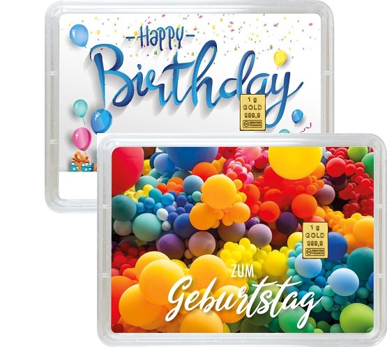 Vorderseite Geschenkgoldbarren Happy Birthday 1 Gramm, der Hersteller Valcambi