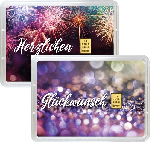 Vorderseite 2 Geschenkgoldbarren Herzlichen Glückwunsch 1 Gramm in spezieller Blisterkarte mit Zertifikat, der Hersteller Valcambi