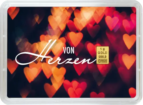 Vorderseite Geschenkgoldbarren In Liebe 1 Gramm in spezieller Blisterkarte mit Zertifikat, der Hersteller Valcambi