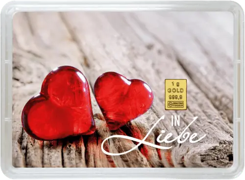 Vorderseite Geschenkgoldbarren In Liebe 1 Gramm in spezieller Blisterkarte mit Zertifikat, der Hersteller Valcambi
