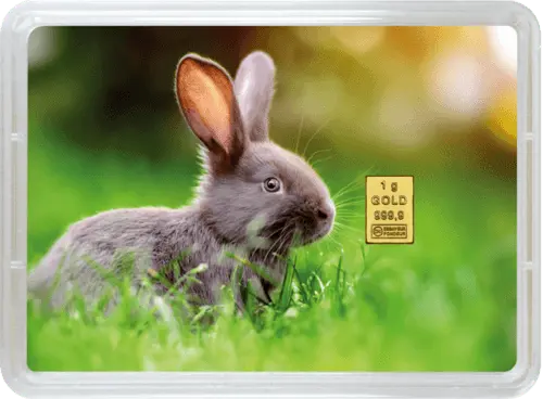 Vorderseite Geschenkgoldbarren Frohe Ostern 1 Gramm in spezieller Blisterkarte mit Zertifikat, der Hersteller Valcambi