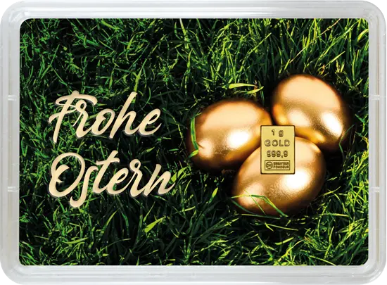 Vorderseite Geschenkgoldbarren Frohe Ostern 1 Gramm in spezieller Blisterkarte mit Zertifikat, der Hersteller Valcambi