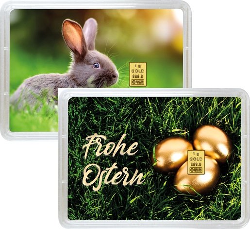 Vorderseite 2 Geschenkgoldbarren Frohe Ostern 1 Gramm in spezieller Blisterkarte mit Zertifikat, der Hersteller Valcambi