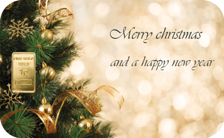 Vorderseite Goldbarren FineCard Merry Christmas 1 Gramm, der Hersteller Heimerle & Meule
