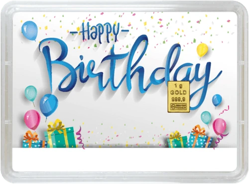 Rückseite Geschenkgoldbarren Happy Birthday 1 Gramm, der Hersteller Valcambi