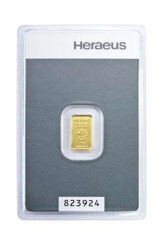 Rückseite Goldbarren Kinebar 1 Gramm in spezieller Blisterkarte mit Zertifikat, der Hersteller Heraeus