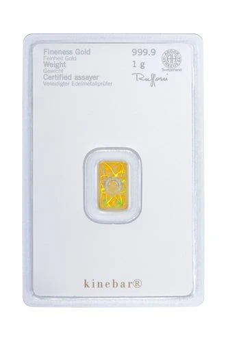 Vorderseite Goldbarren Kinebar 1 Gramm in spezieller Blisterkarte mit Zertifikat, der Hersteller Heraeus