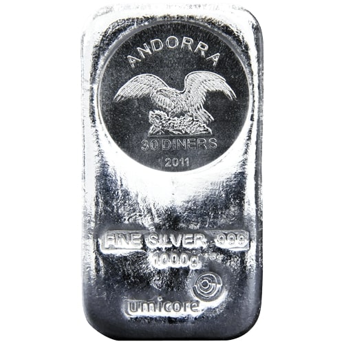 Der 1 kg Umicore Silber Münzbarren mit Andorra-Münzemblem | 1 kg Umicore Silber-Münzbarren mit Andorra-Münzemblem