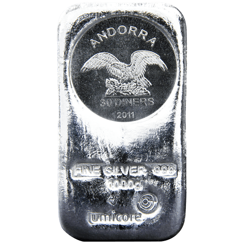 Der 1kg Umicore Silber Münzbarren mit Andorra-Münzemblem |  1 Kg Umicore Silber-Münzbarren mit Andorra-Münzemblem