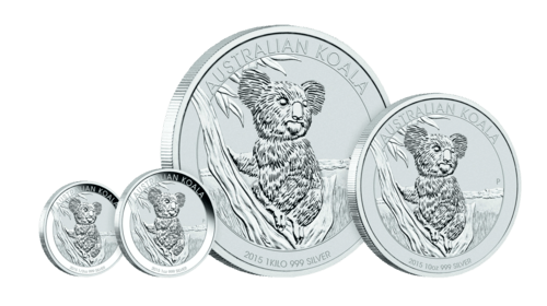 Verschiedene Größen der 1 kg Silber Australian Koala 2015 von Hersteller Perth Mint
