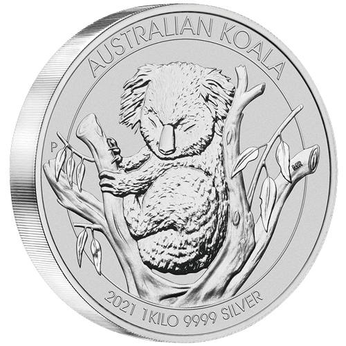 Vorderseite und Rand 1 kg Silber Australian Koala 2021 von Hersteller Perth Mint Australien