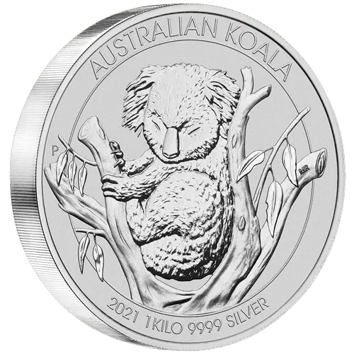 Vorderseite und Rand 1 kg Silber Australian Koala 2021 von Hersteller Perth Mint Australien