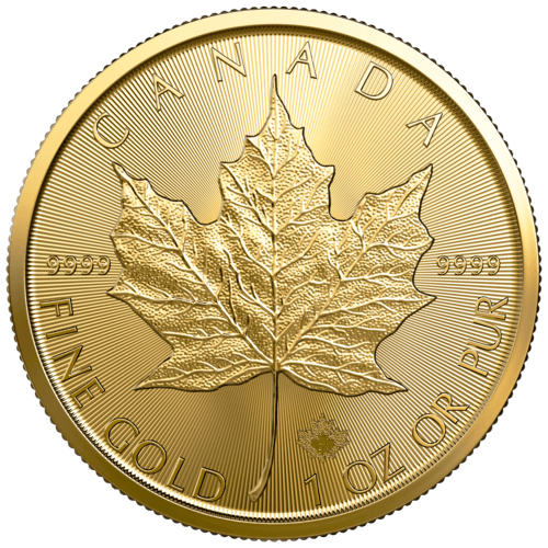 Vorderseite Goldmünze 1 Unze Maple Leaf 2023, der Hersteller Royal Canadian Mint