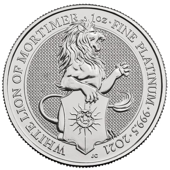 Vorderseite der 1 Unze Platin The Queen´s Beasts - White Lion of Mortimer 2021 Münze vom Hersteller Royal Mint
