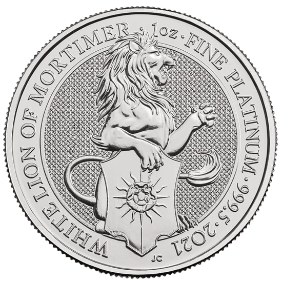 Vorderseite der 1 Unze Platin The Queen´s Beasts - White Lion of Mortimer 2021 com Hersteller Royal Mint