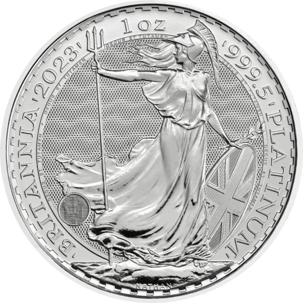 Vorderseite der 1 Unze Platin Britannia 2023 Münze vom Hersteller Royal Mint