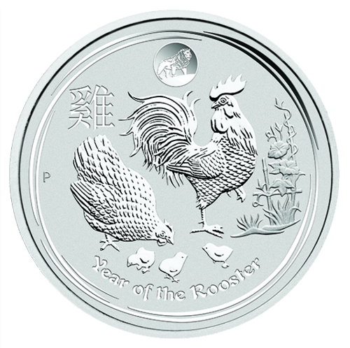 Vorderseite der 1 Unze Silber Lunar II Hahn 2017 Privy Mark Löwe von Hersteller Perth Mint