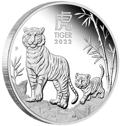 Vorderseite und Rand der 1 Unze Silber Lunar III Tiger 2022 von Hersteller Perth Mint