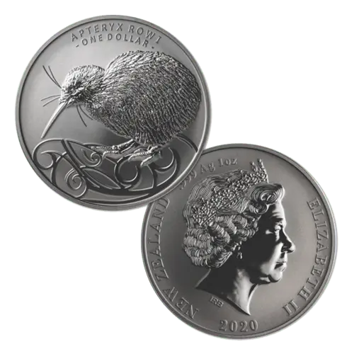 Vordere und Rückseite der 1 Unze Silber Kiwi 2020 Black Nickel von Hersteller New Zealand Post