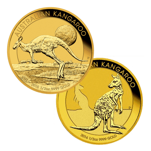 Vorderseite 2 verschiedene Goldmünzen 1/2 Unze Australien Känguru diverse Jahrgänge, der Hersteller Perth Mint Australia