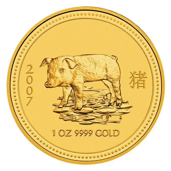 Motivseite der 1 Unze Gold Lunar I Schwein 2007 Motivseite der 1 Unze Gold Lunar I Schwein 2007