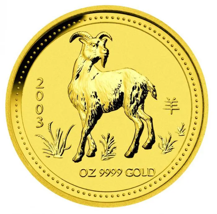 Motivseite 1 Unze Gold Lunar I Ziege 2003 Motivseite 1 Unze Gold Lunar I Ziege 2003