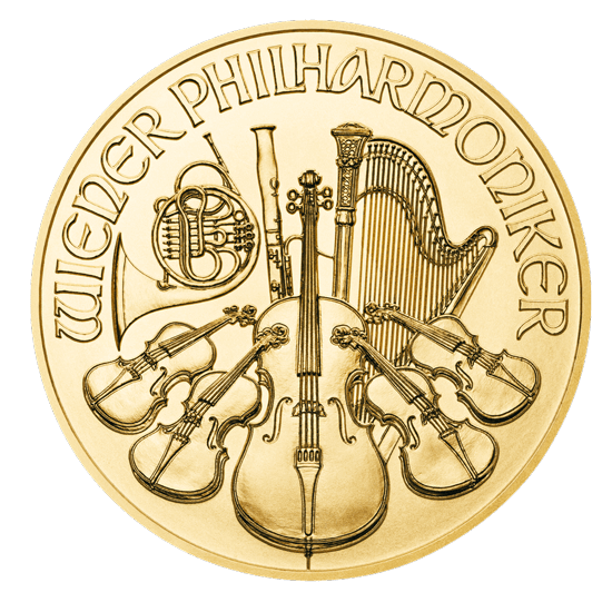 Vorderseite Goldmünze 1/4 Unze Wiener Philharmoniker 2022, der Hersteller Münze Österreich