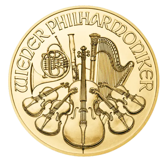 Vorderseite Goldmünze 1/4 Unze Wiener Philharmoniker 2022, der Hersteller Münze Österreich