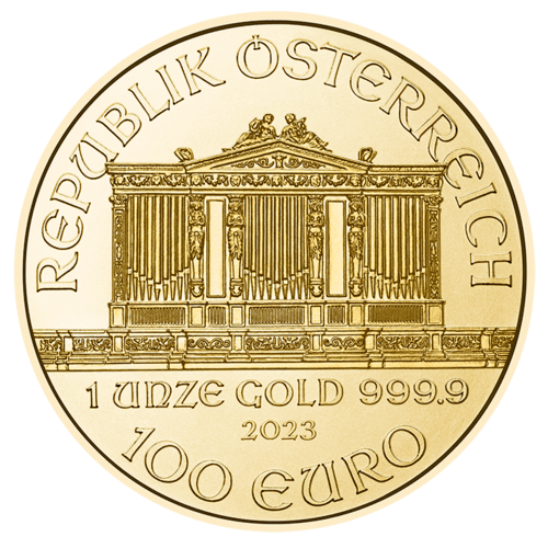 Wertseite 1 Unze Gold Wiener Philharmoniker 2023