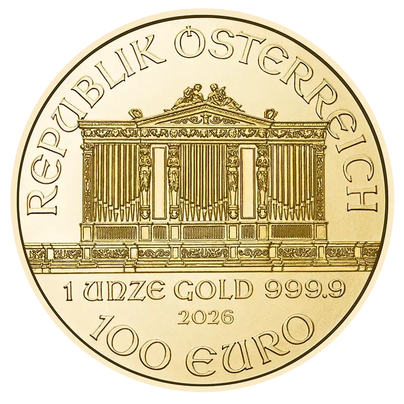 1 Unze Gold Wiener Philharmoniker 2026 Wertseite