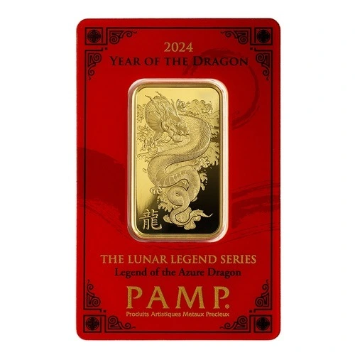 1 Unze Goldbarren PAMP Lunar Legends Azure Dragon 2024 Blister Vorderseite